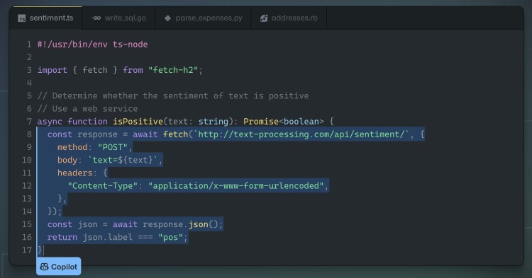Copilot 运行范例；来源 GitHub Copilot 官网